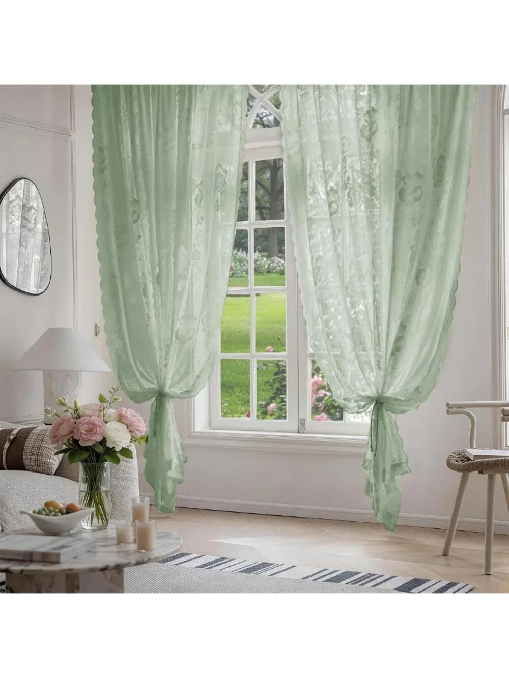 Sage Green Vintage Floral Lace Curtains - 84